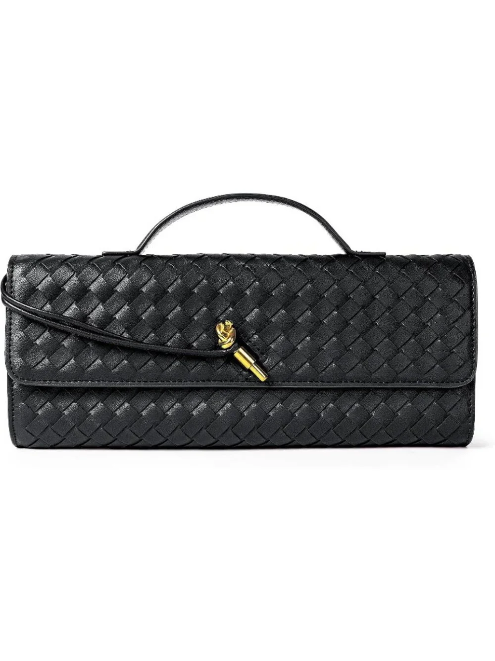 Women Black Woven Vegan Leather Clutch Purse Formal Evening Crossbody Bag